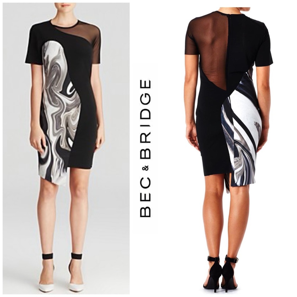 NWT Bec & Bridge Oil Slick Neoprene Print Mesh Panel Asymmetrical Dress - Picture 5 of 11